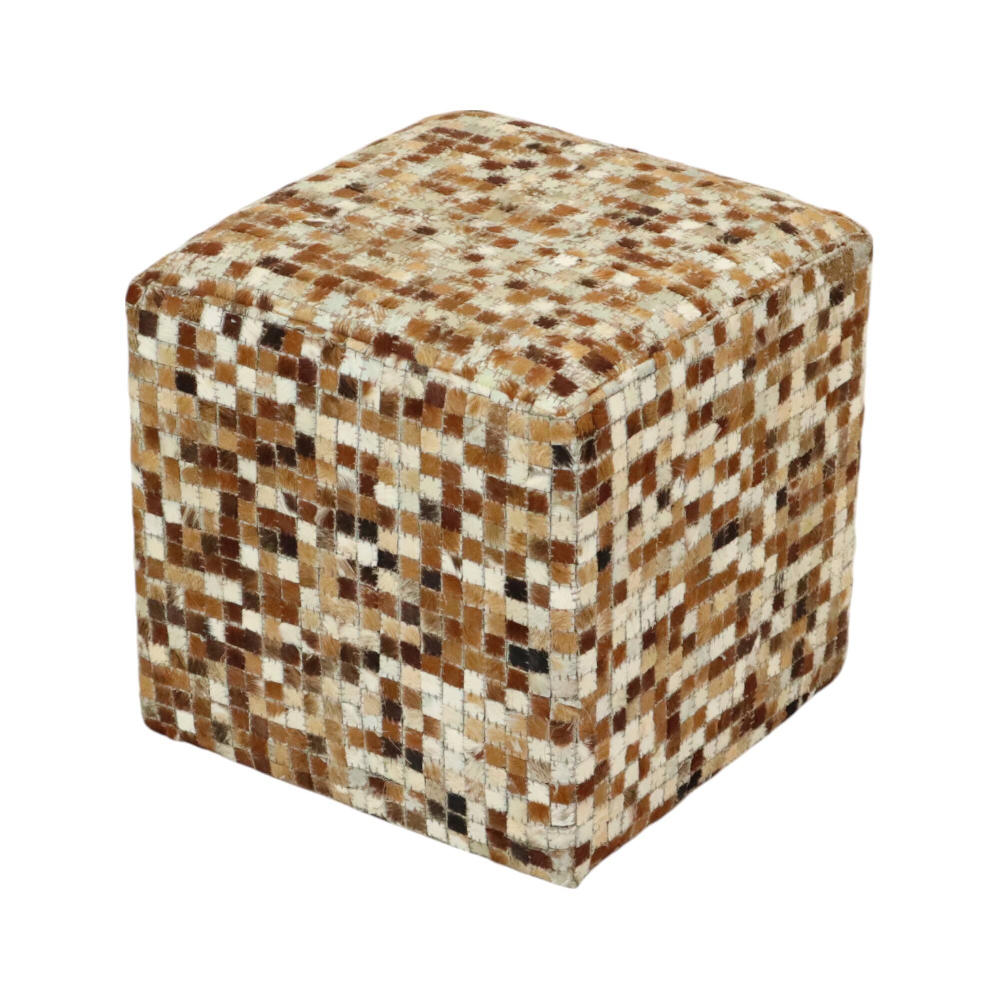 Vintage Square Pouf Goat Leather Patchwork Mosaic Pattern