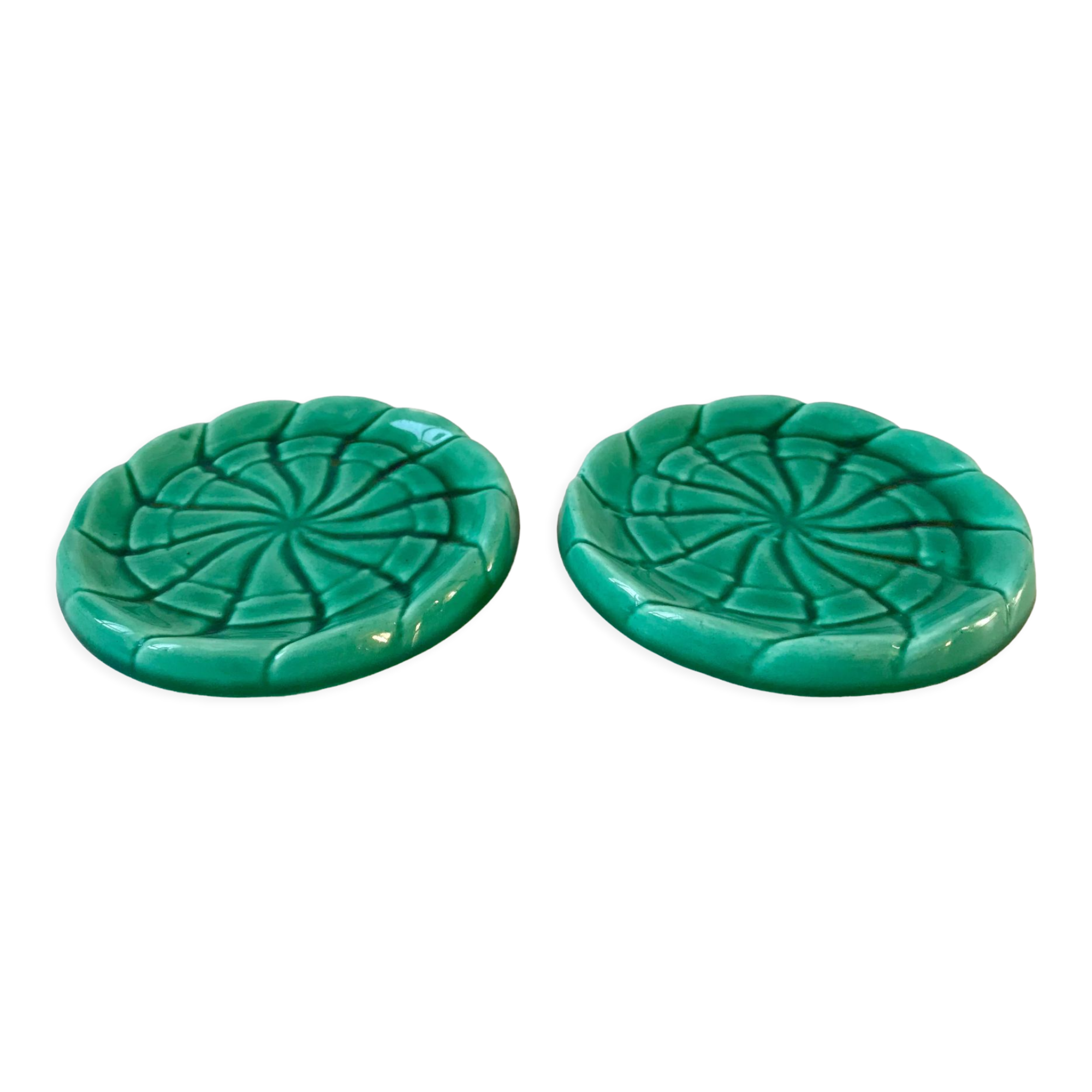 Duo of green slip bottle coasters signed marjac bauzil 50s