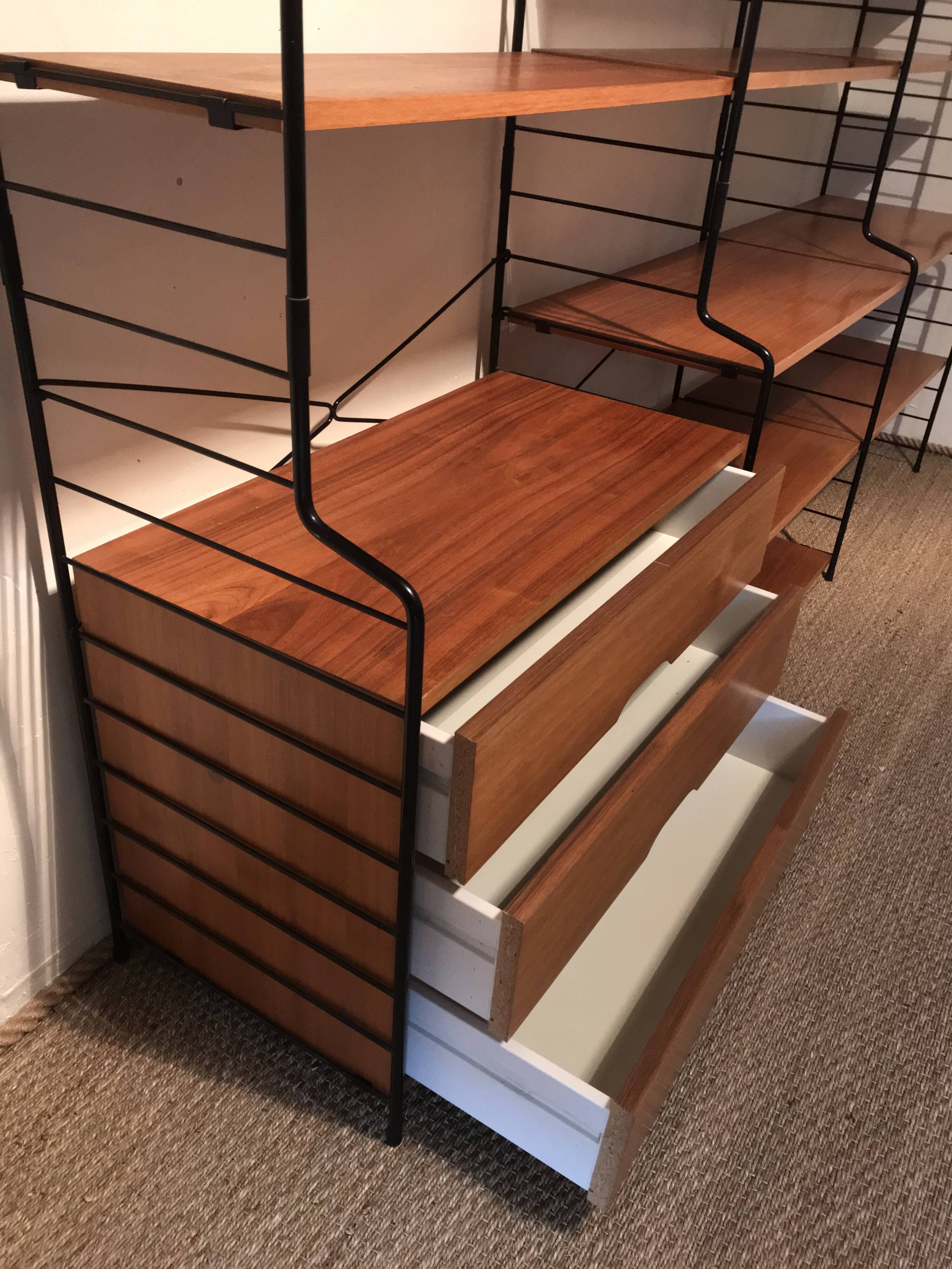 Vintage modular wall-mounted library shelf in blond walnut 1960-80