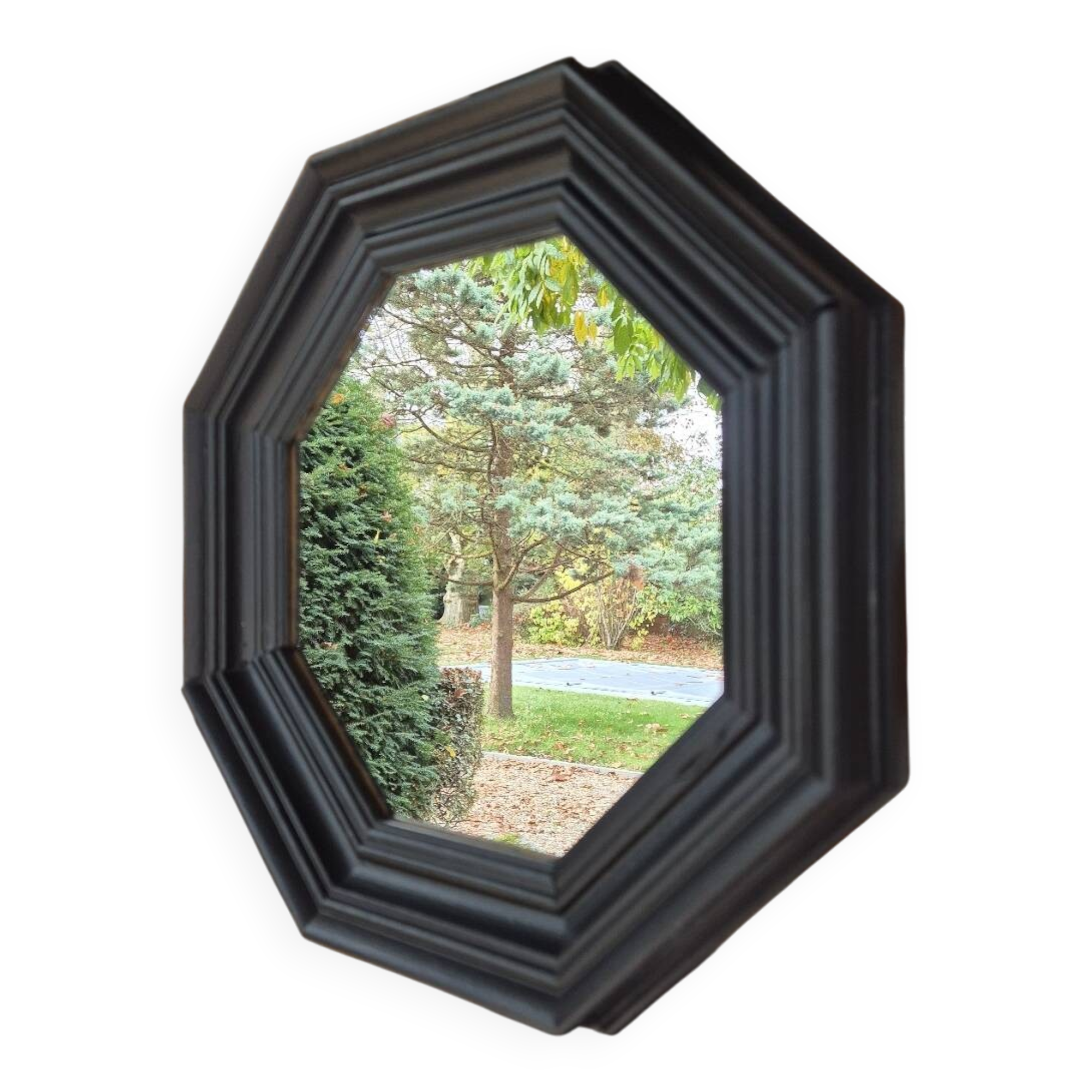 Octagonal black wood mirror