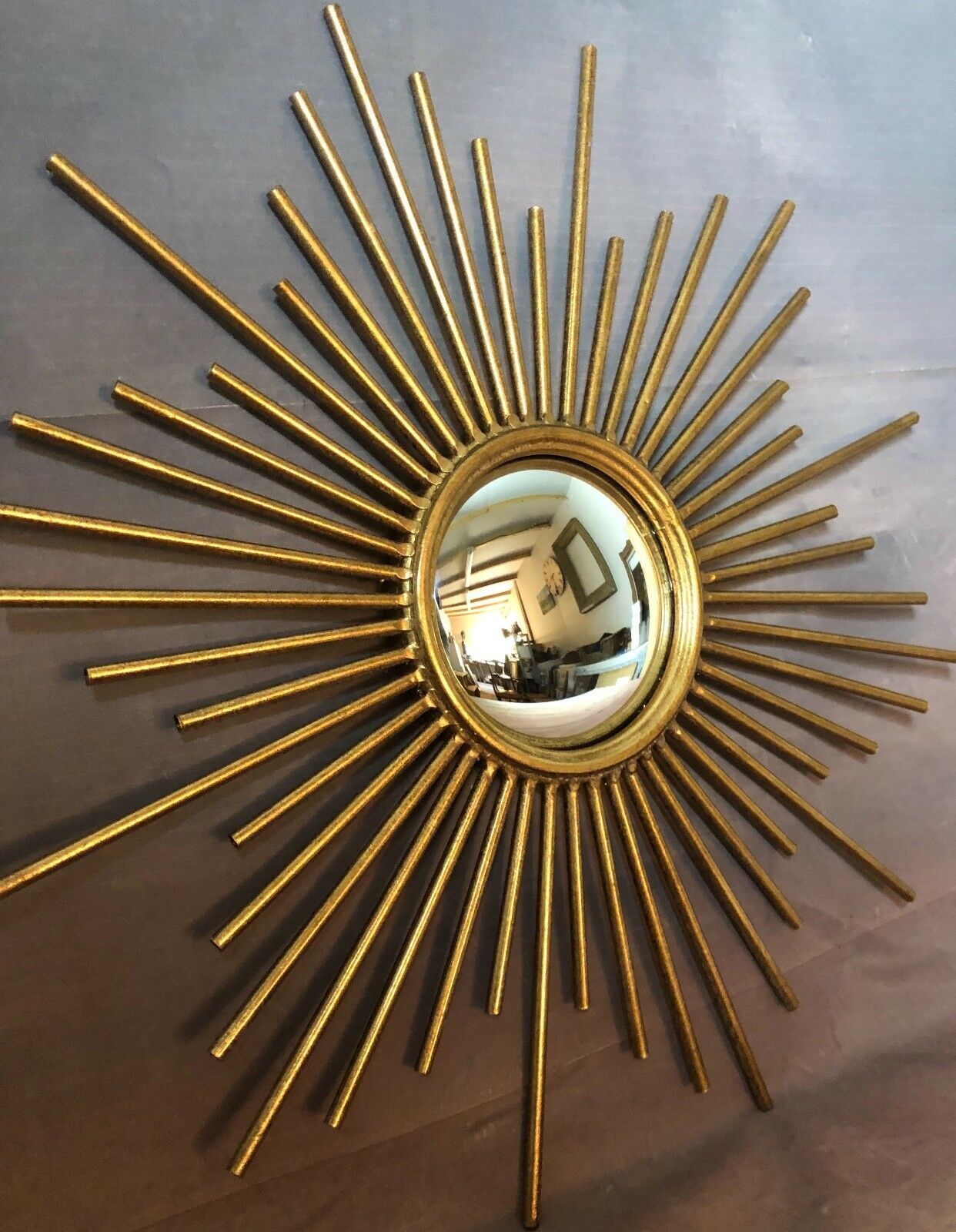Vintage domed sun mirror in golden metal  46,5x46,5cm