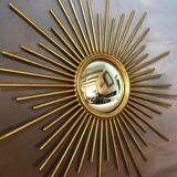 Vintage domed sun mirror in golden metal  46,5x46,5cm