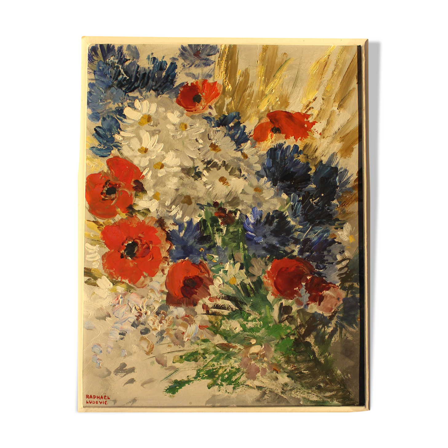 "Still life with bouquet of flowers" oil on isorel by Raphael Ludovic