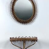 Mid-Century Shelf Console Table with Wall Mirror in rattan and bamboo. Italy 1960s