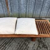 Vintage Yew Wood Bench with 3 Cushions