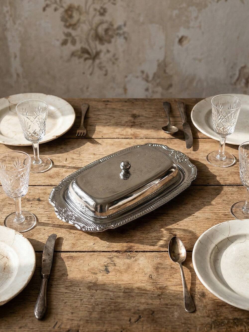 Silver-plated/inox vintage butter dish from the 1960s-1980s in Rococo style.