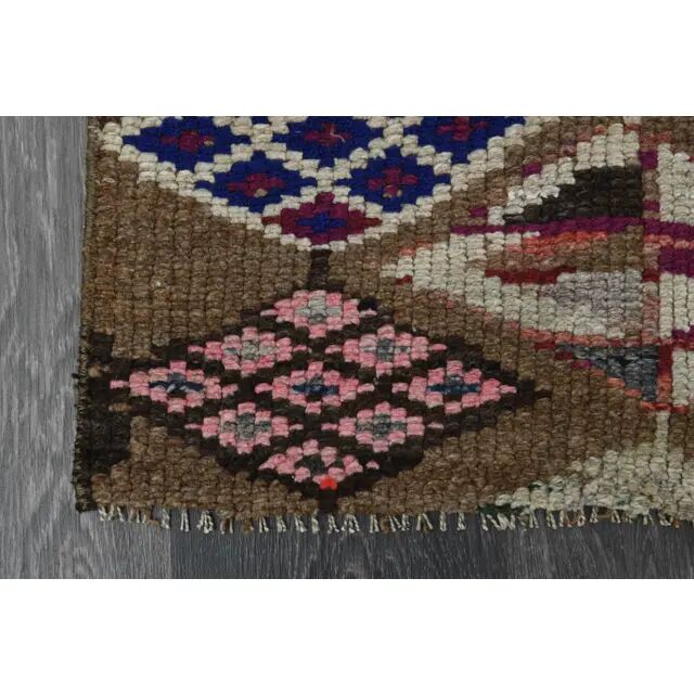 Tapis de couloir vintage turc Oushak fait main en laine et coton marron, années 1970