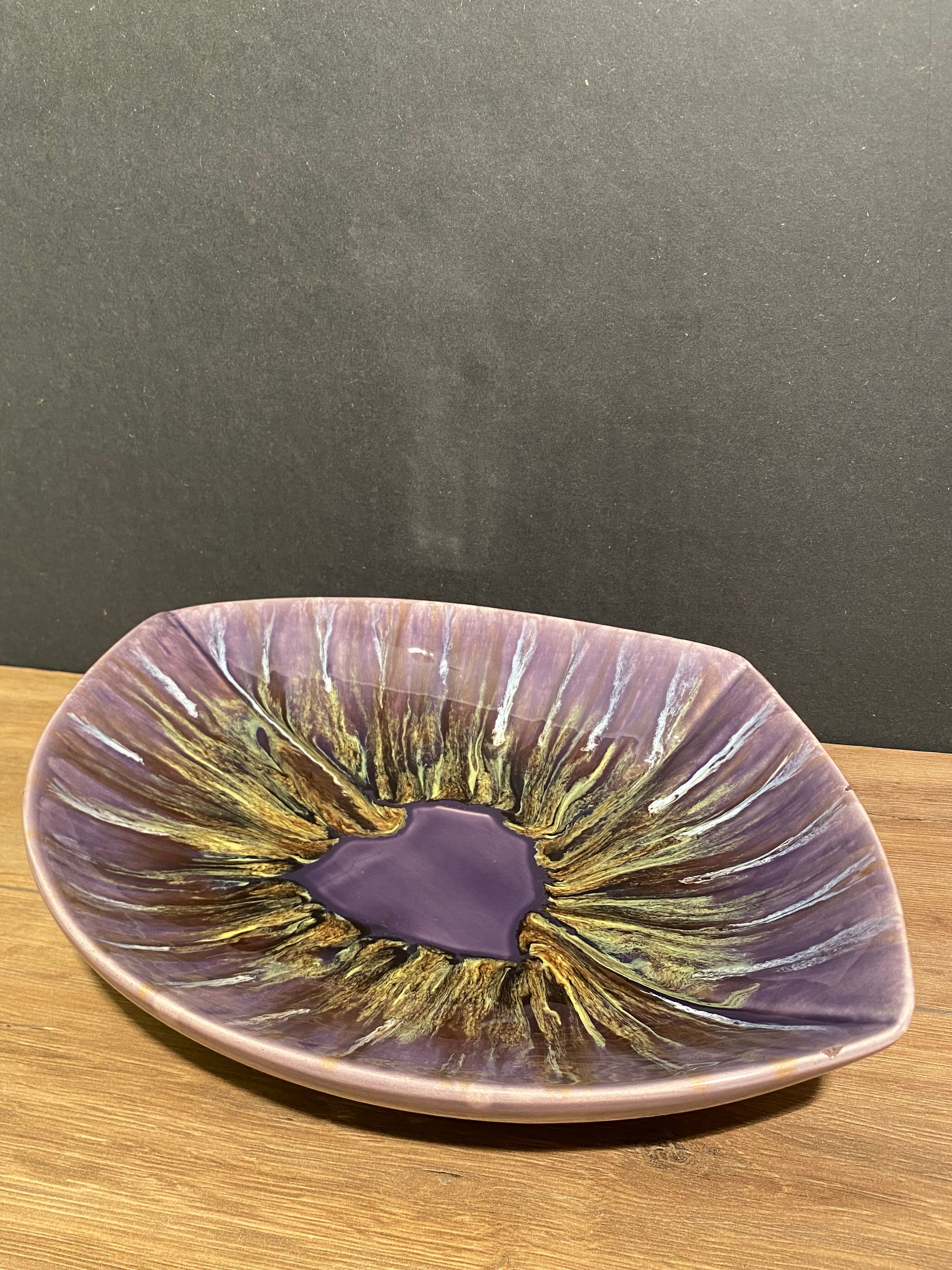 Large stylized vintage dish, Vallauris earthenware cut signed