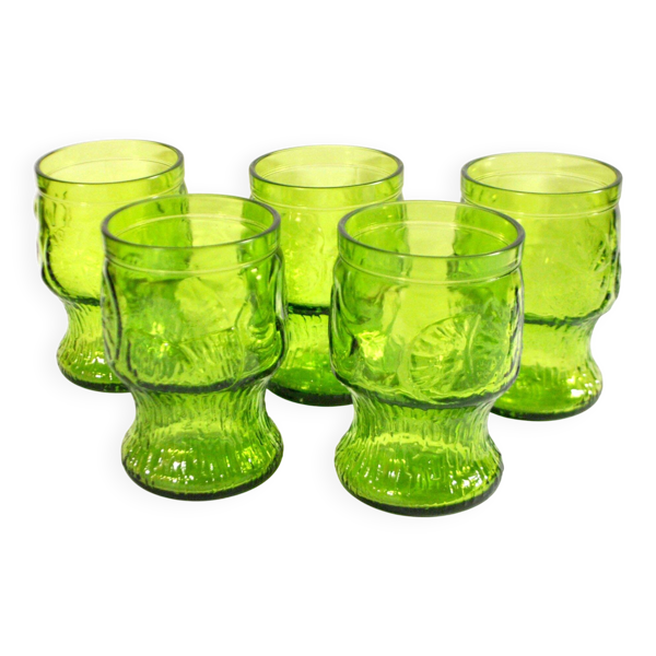 Lot de 5 verres à eau ou jus vintage 1970 en verre vert FIDENZA VETRARIA Italie