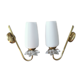Pair of vintage brass and glass wall lights.