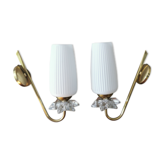 Pair of vintage brass and glass sconces