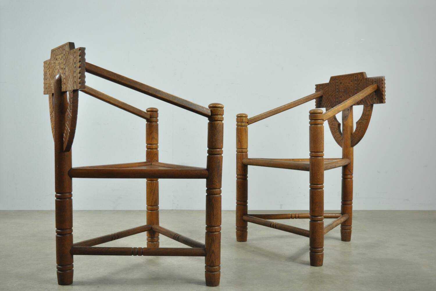 Pair of vintage antique Scandinavian oak Monk chairs, Sweden 1950s