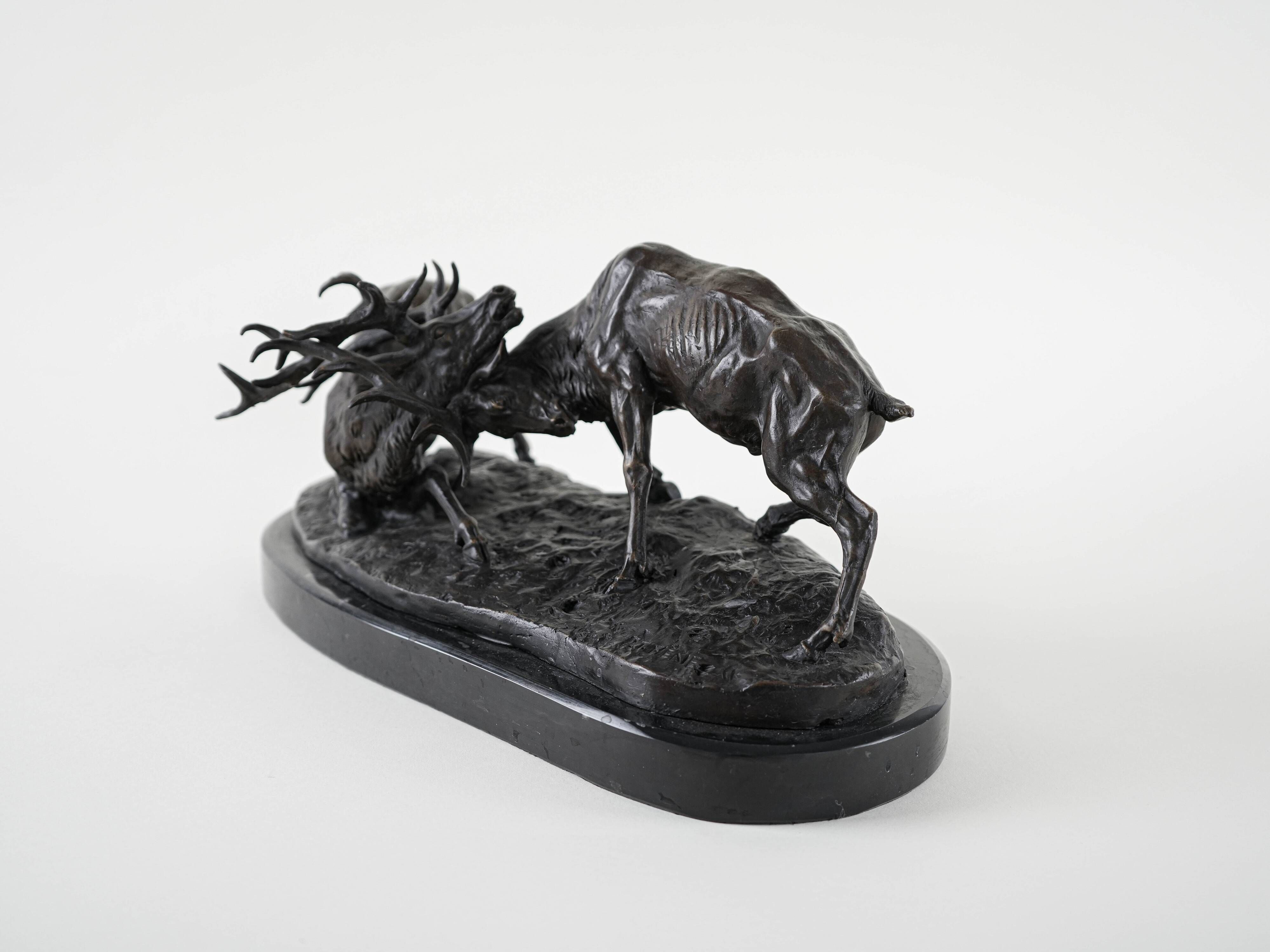 Fighting stags bronze sculpture by Pierre-Jules Mêne French animalier art