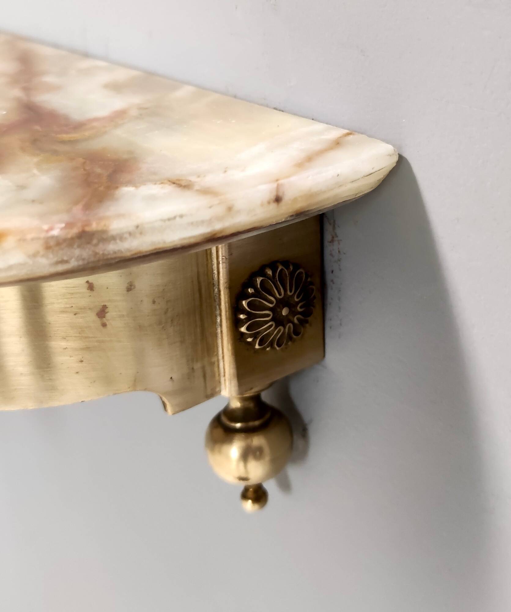 Vintage Wall-Mounted Brass Console Table with Yellow Onyx Top, Italy