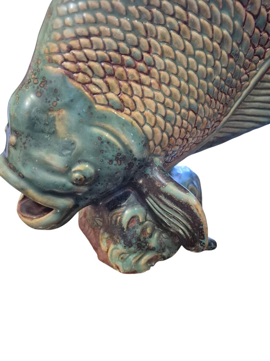 glazed stoneware fish sculpture signed Asian late 19th early 20th century