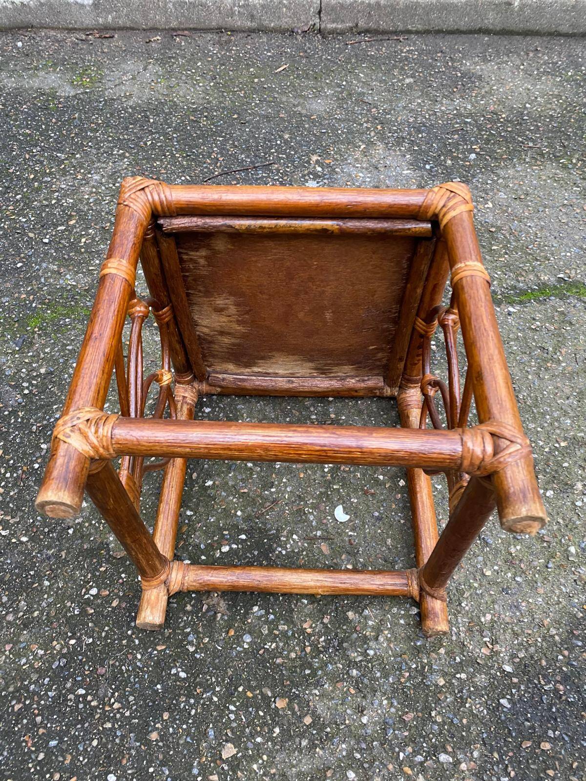 Vintage square stool in bamboo, rattan, and wicker.