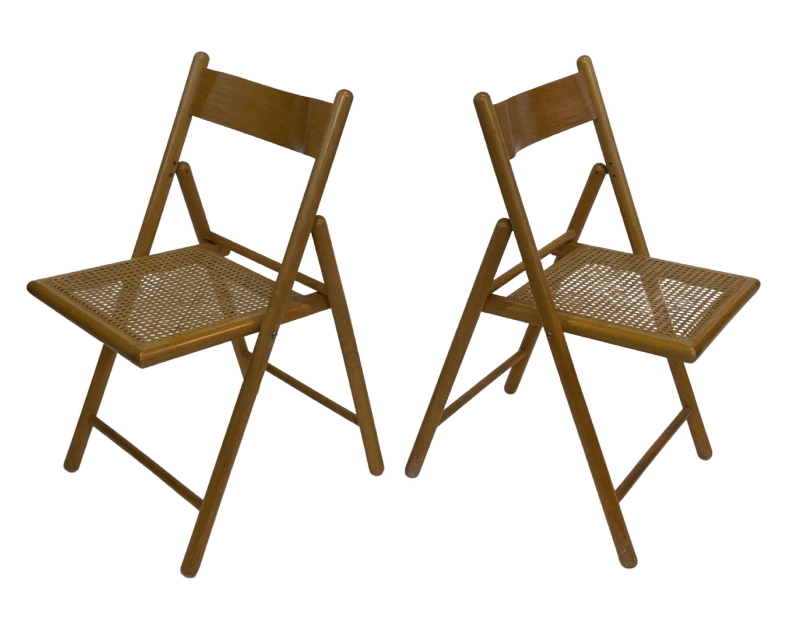 Set of four vintage folding chairs with webbing and wood 1970s