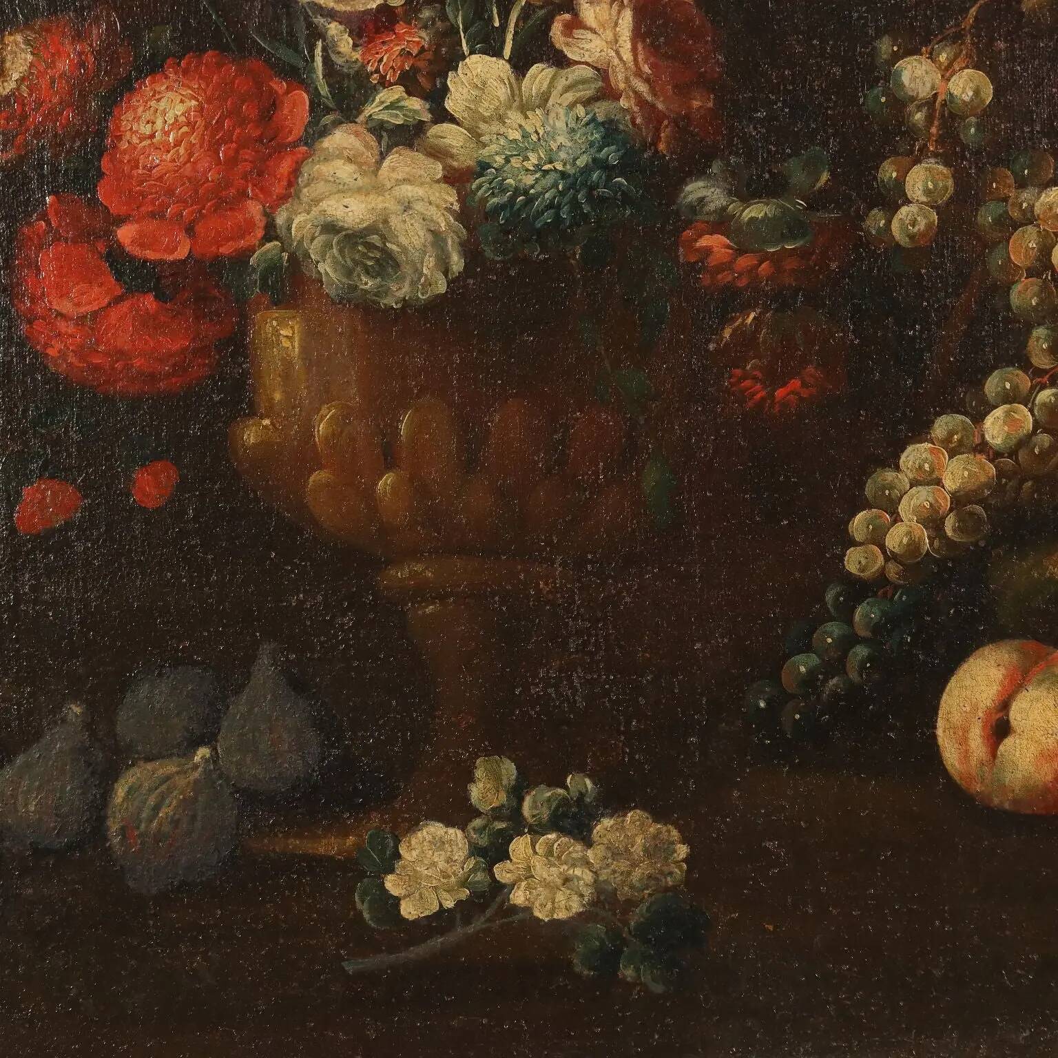 Old painting of still life with flowers, fruits, and birds from the 18th century.