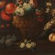 Old painting of still life with flowers, fruits, and birds from the 18th century.