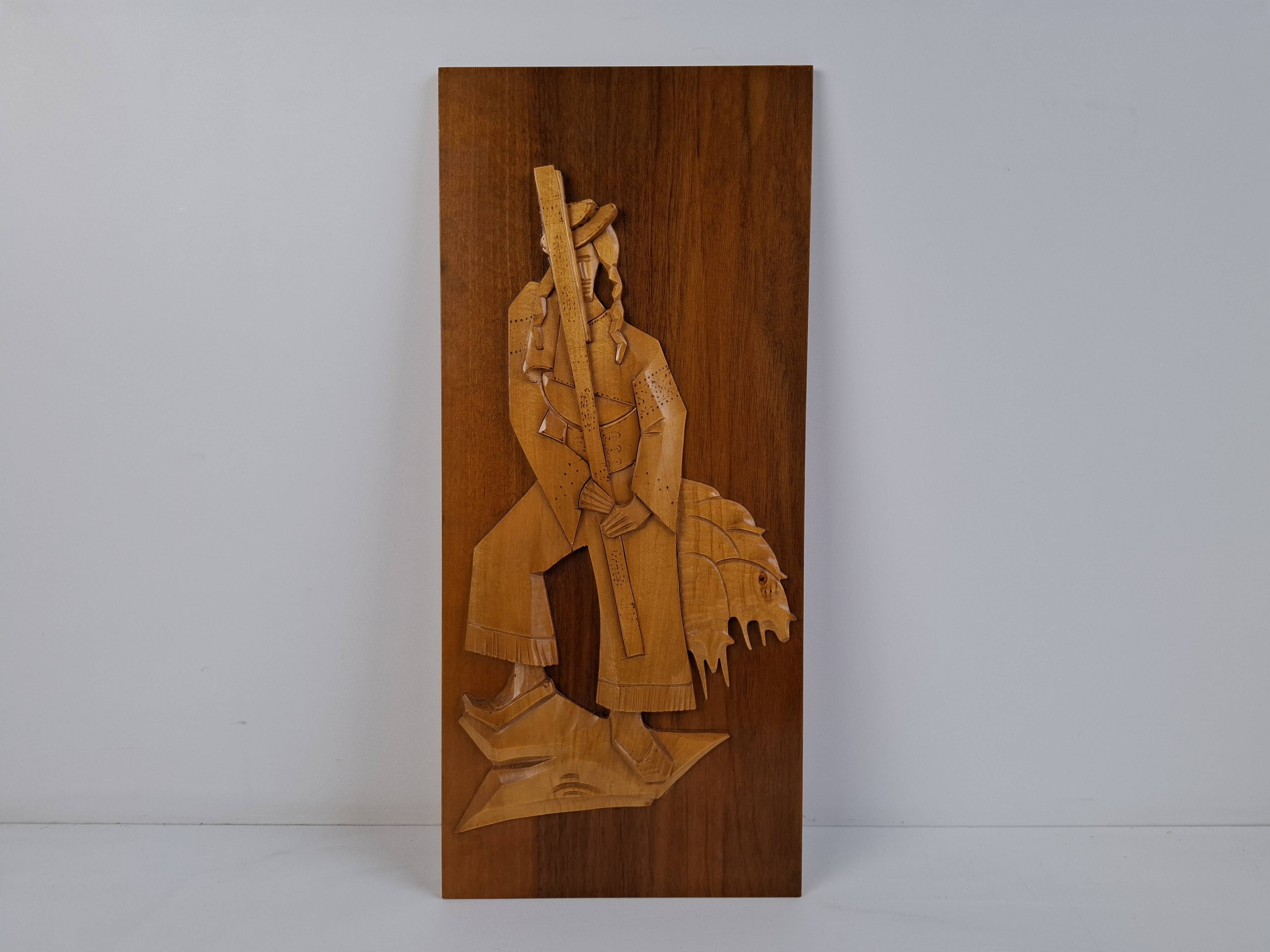Mid-century Czech hand-carved wooden shepherd wall relief, 1960.