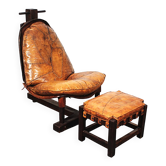 Fauteuil lounge brutaliste en chêne et ottoman, années 1970, lot de 2