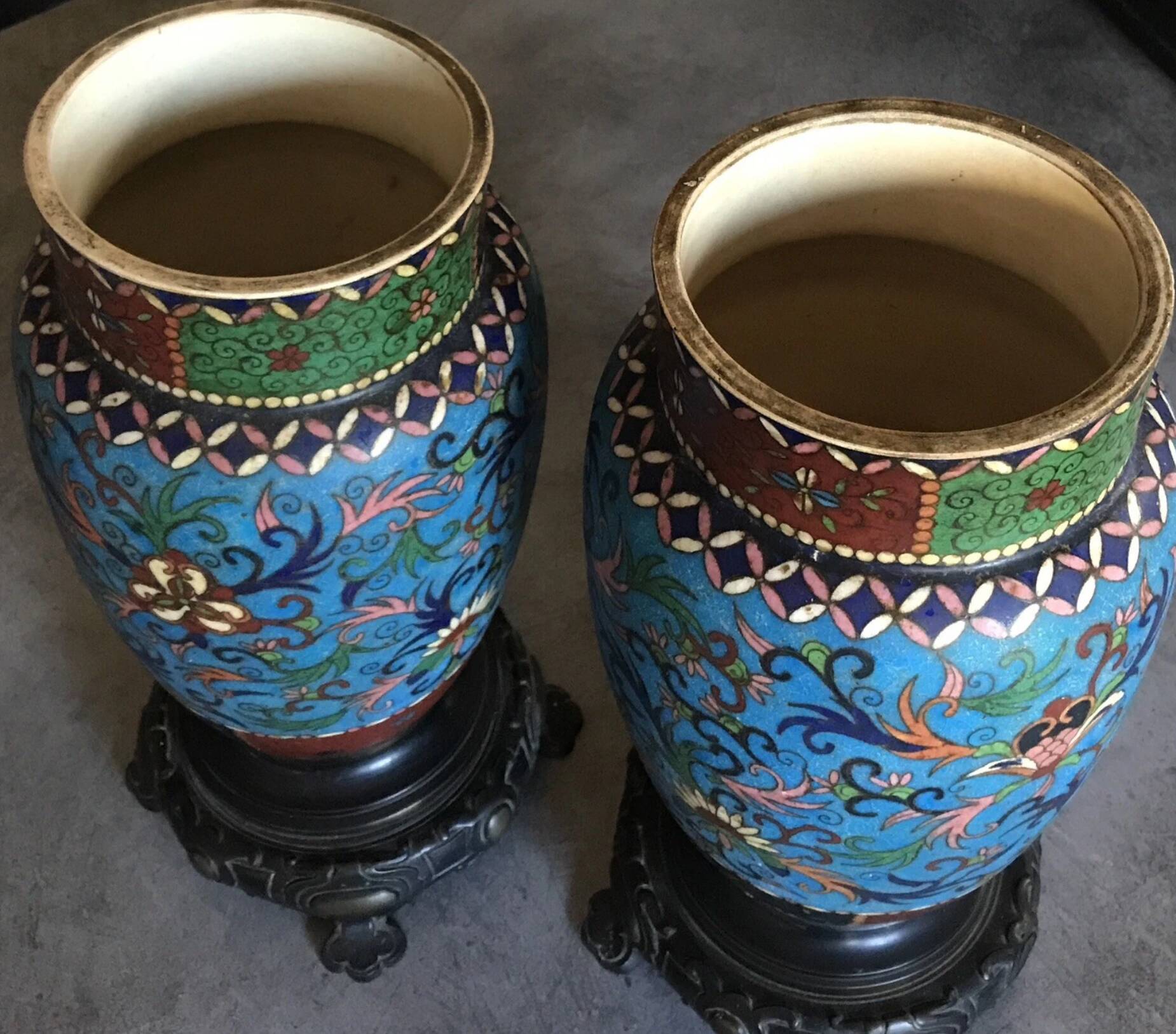 PAIR of Cloisonné Ceramic VASES, Floral Decoration, Bronze Base