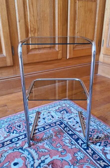Vintage 70s shelf in chromed metal and smoked glass