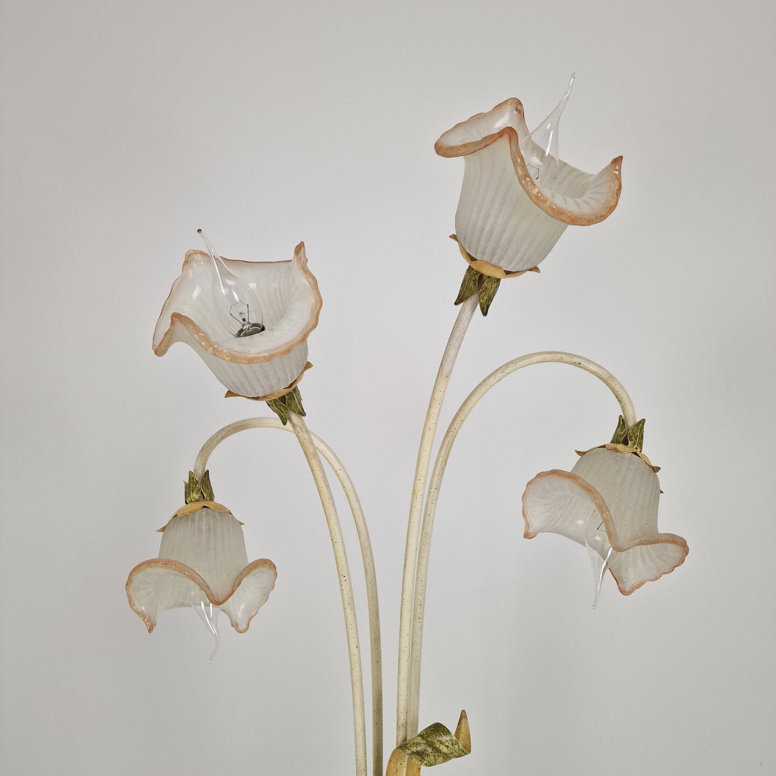 Italian Floor Lamp with Metal Stems, Leaf Details and Murano Glass Flowers