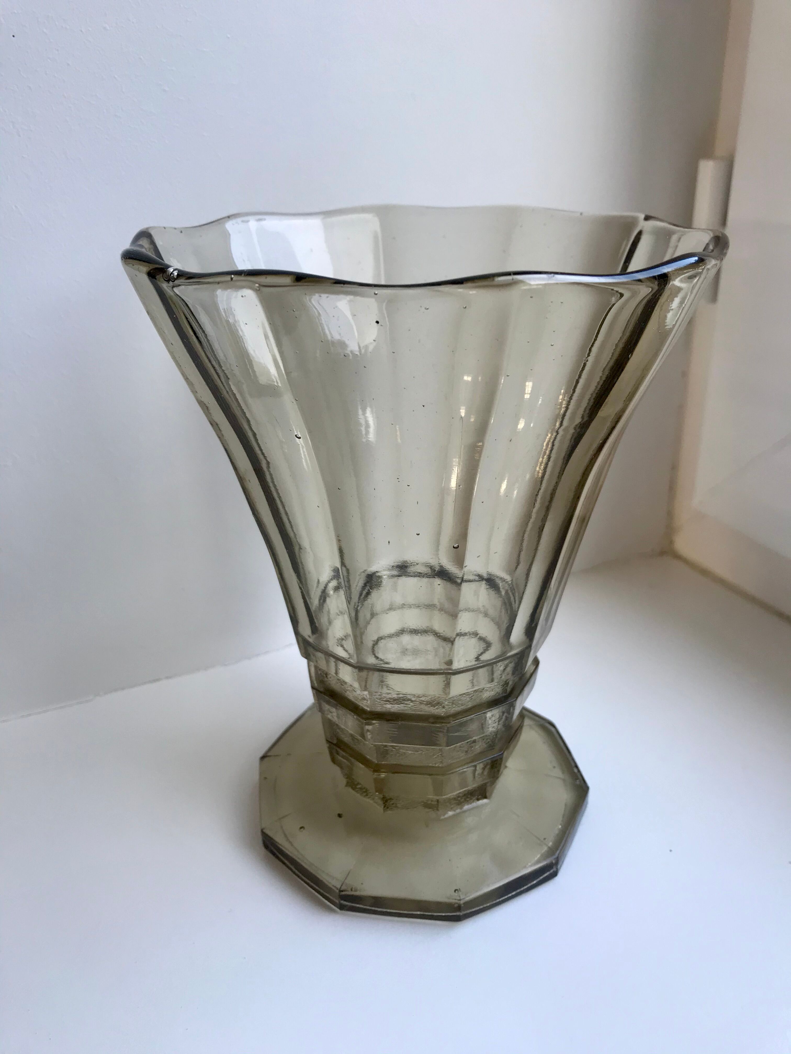 vase in molded and blown smoked glass Made in Belgium 60s-70s