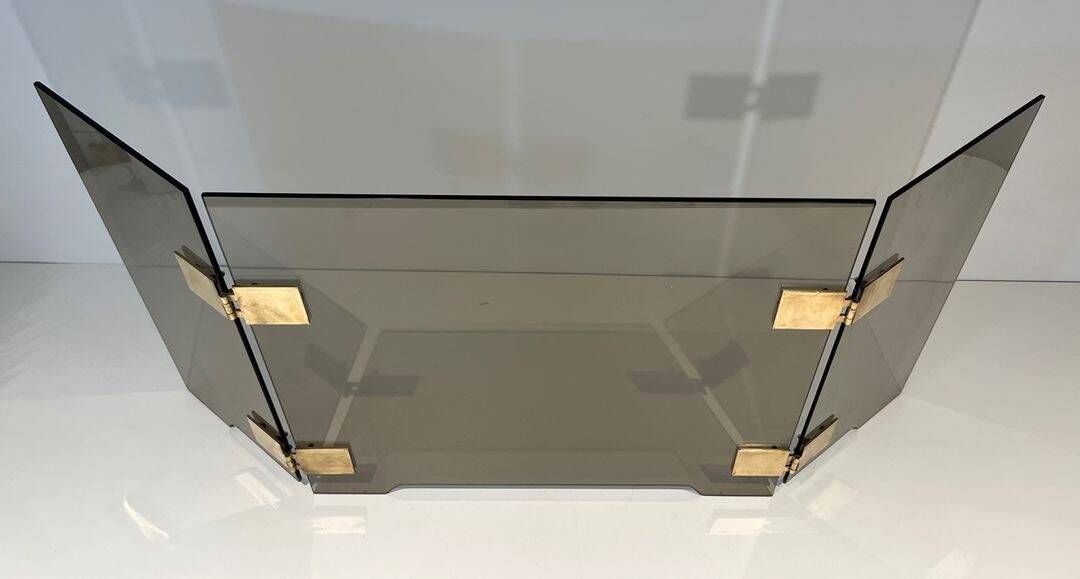 Three-Panel Folding Fire Screen in Smoked Glass with Polished Brass Hinges,