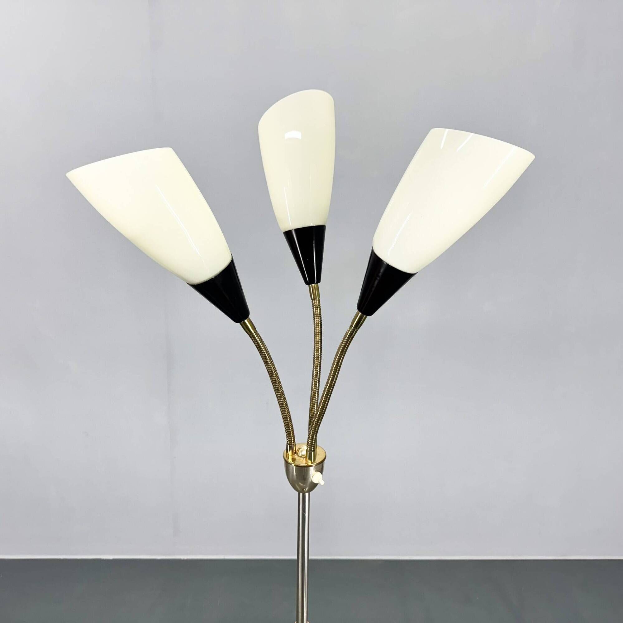 1950s Brass & Glass Adjustable Floor Lamp with Wooden Detail