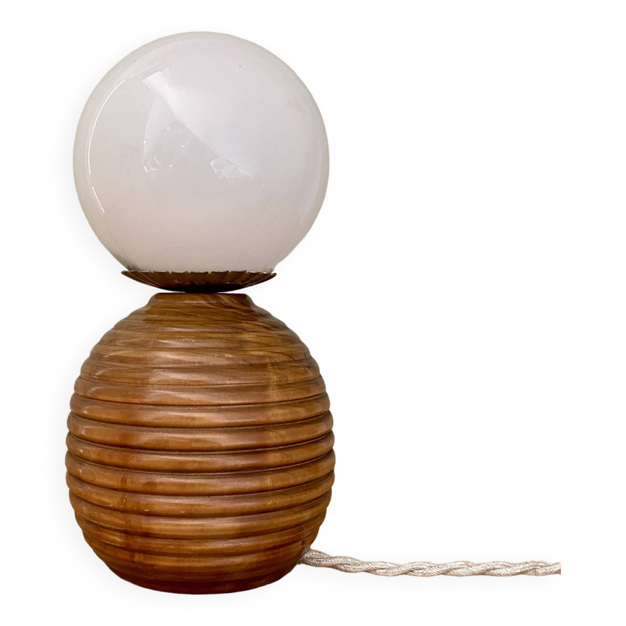 Lampe vintage opaline blanche et bois