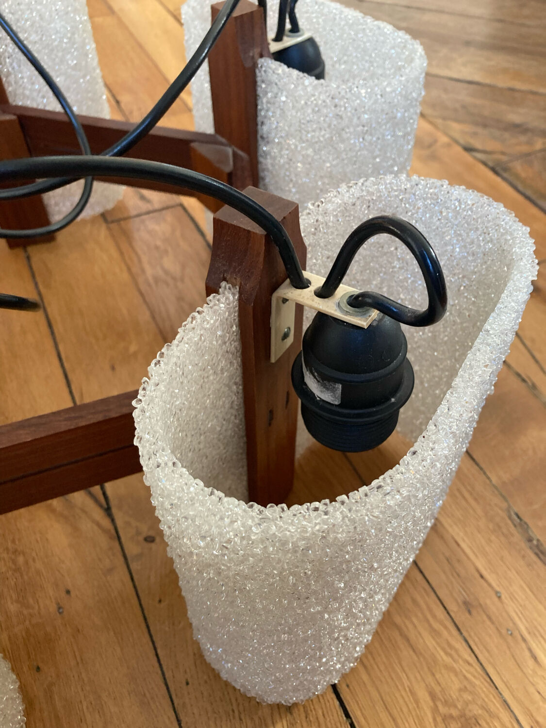 Scandinavian chandelier in teak and perspex