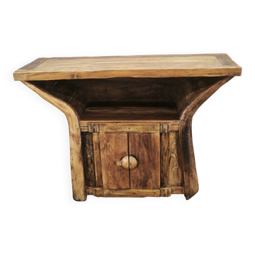 1970s Asian Rustic Solid Wood Console Table, Hand-Carved Primitive Sideboar