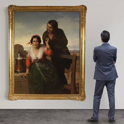 Great painting signed FB and dated 1853, the lovers
