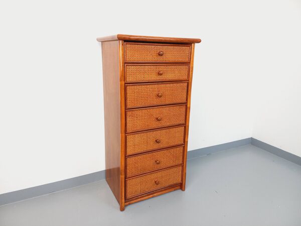 Commode chiffonnier semainier vintage en rotin, bois et cannage