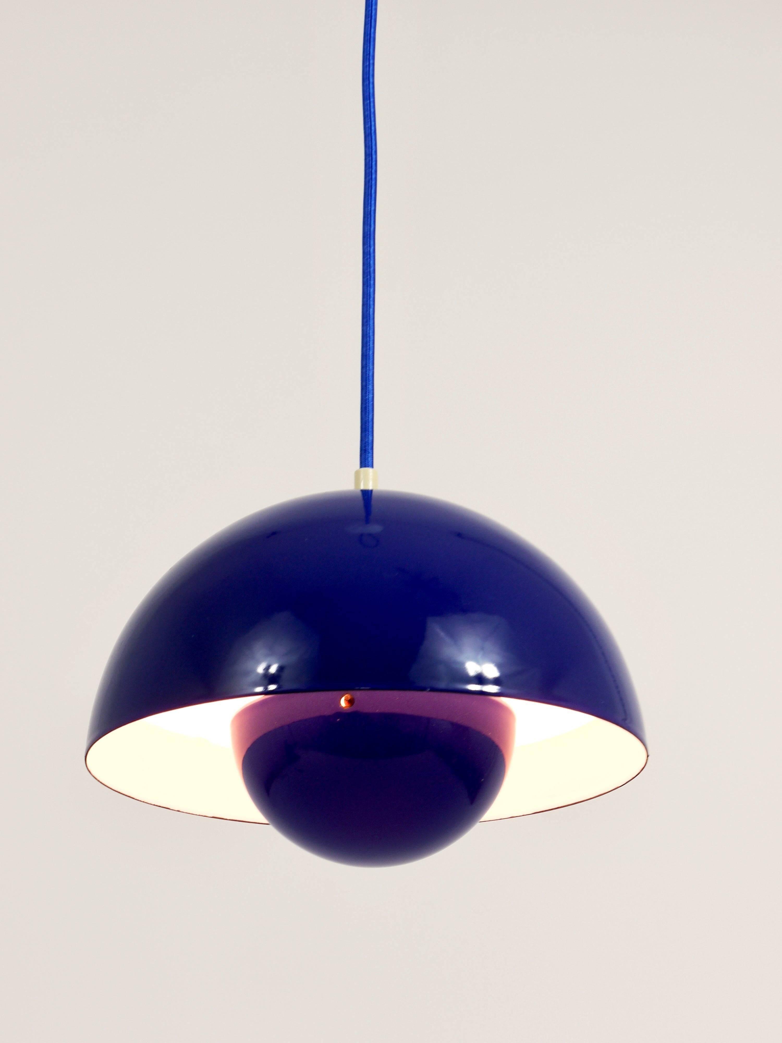 Blue enamelled suspension flowerpot by Verner Panton for Louis Poulsen, Denmark, 1969.