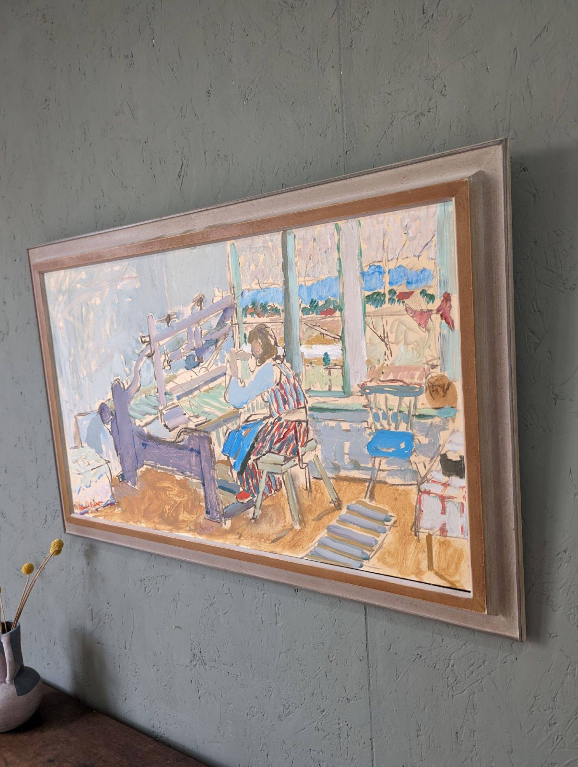 Mid-Century Modern "The Loom" Vintage Swedish Oil Painting, Figure in an Interior
