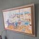 Peinture à l’huile suédoise vintage « The Loom » du milieu du siècle, figure dans un intérieur
