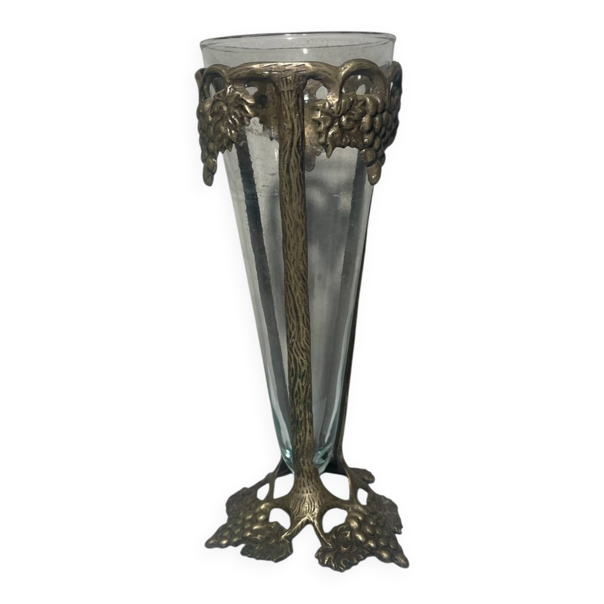Antique Art Nouveau vase in patinated bronze metal with removable glass.