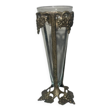 Antique Art Nouveau vase in patinated bronze metal with removable glass.
