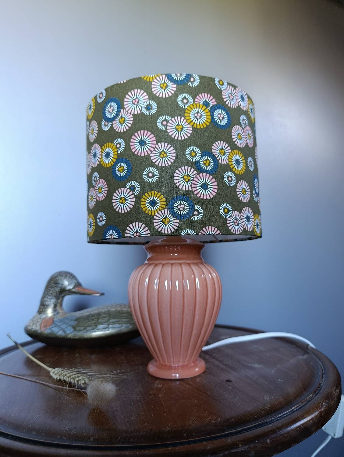 Coral tar ceramic lamp, khaki lampshade with flowers.