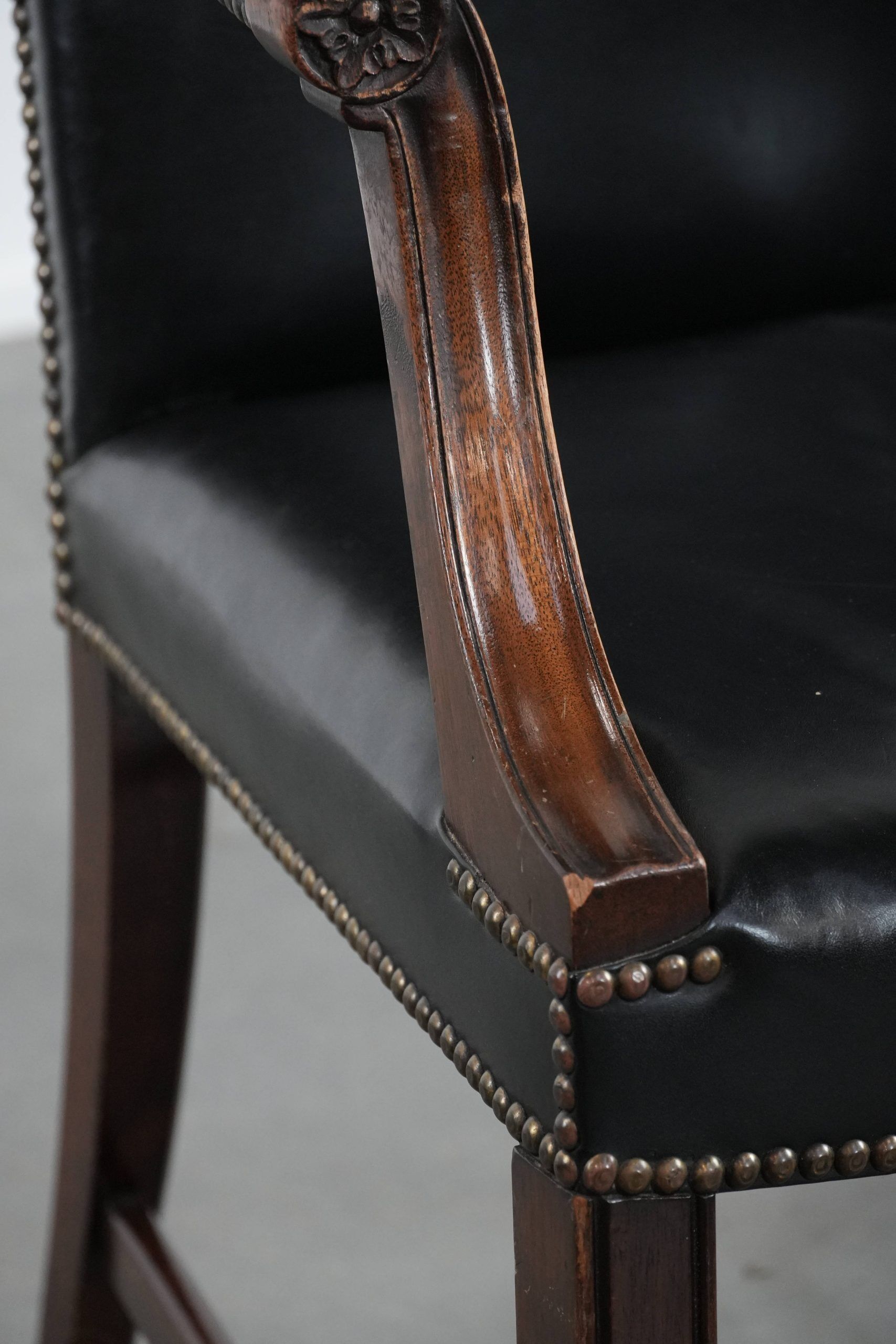 Wooden and black cow leather antique English Gainsborough side/desk/chair