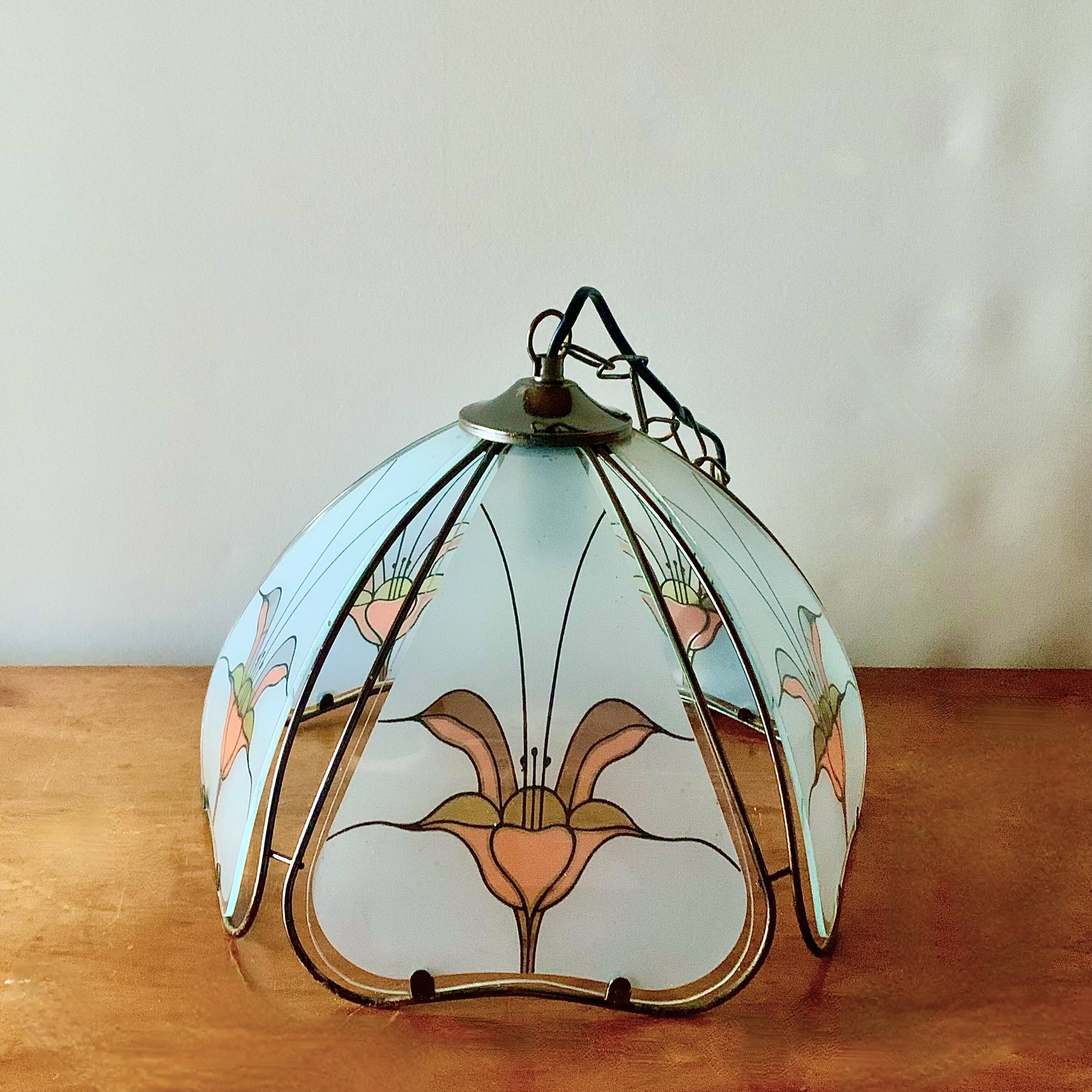 Vintage Hollywood Regency style metal and sandblasted glass chandelier