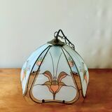 Vintage Hollywood Regency style metal and sandblasted glass chandelier