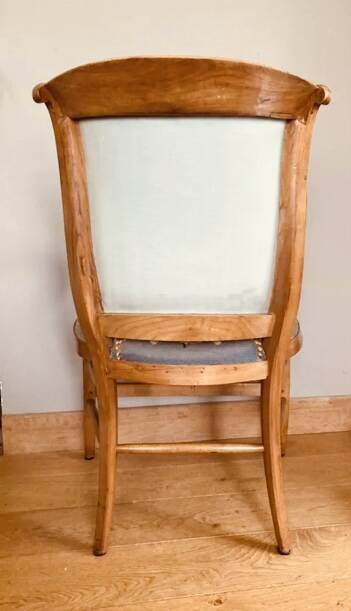 19th century St Empire armchair in pegged blond walnut with cross-stitched tapestries