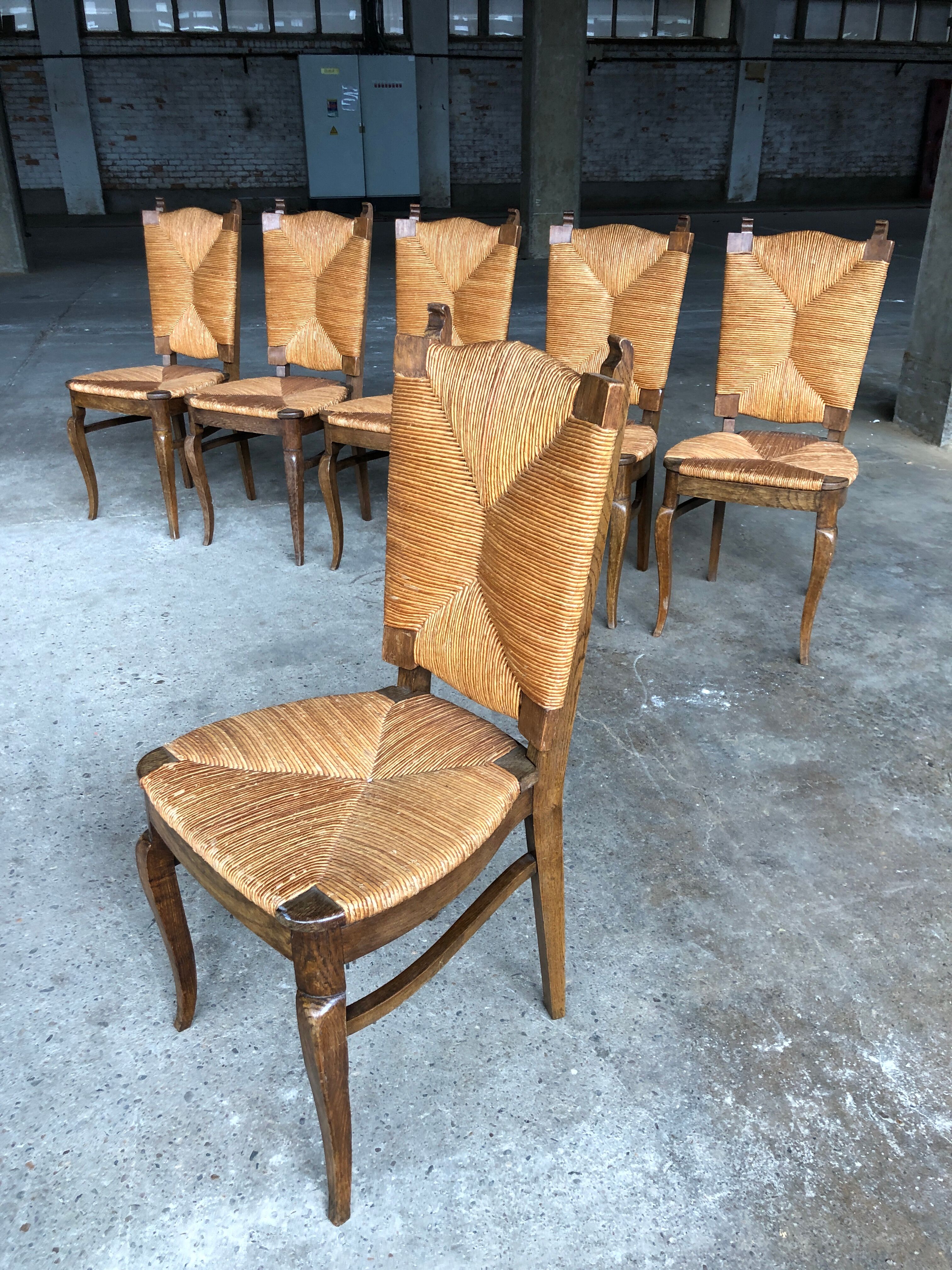 Dining chairs with rush made of oak wood, France 1950s, Set of 6