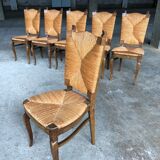 Dining chairs with rush made of oak wood, France 1950s, Set of 6