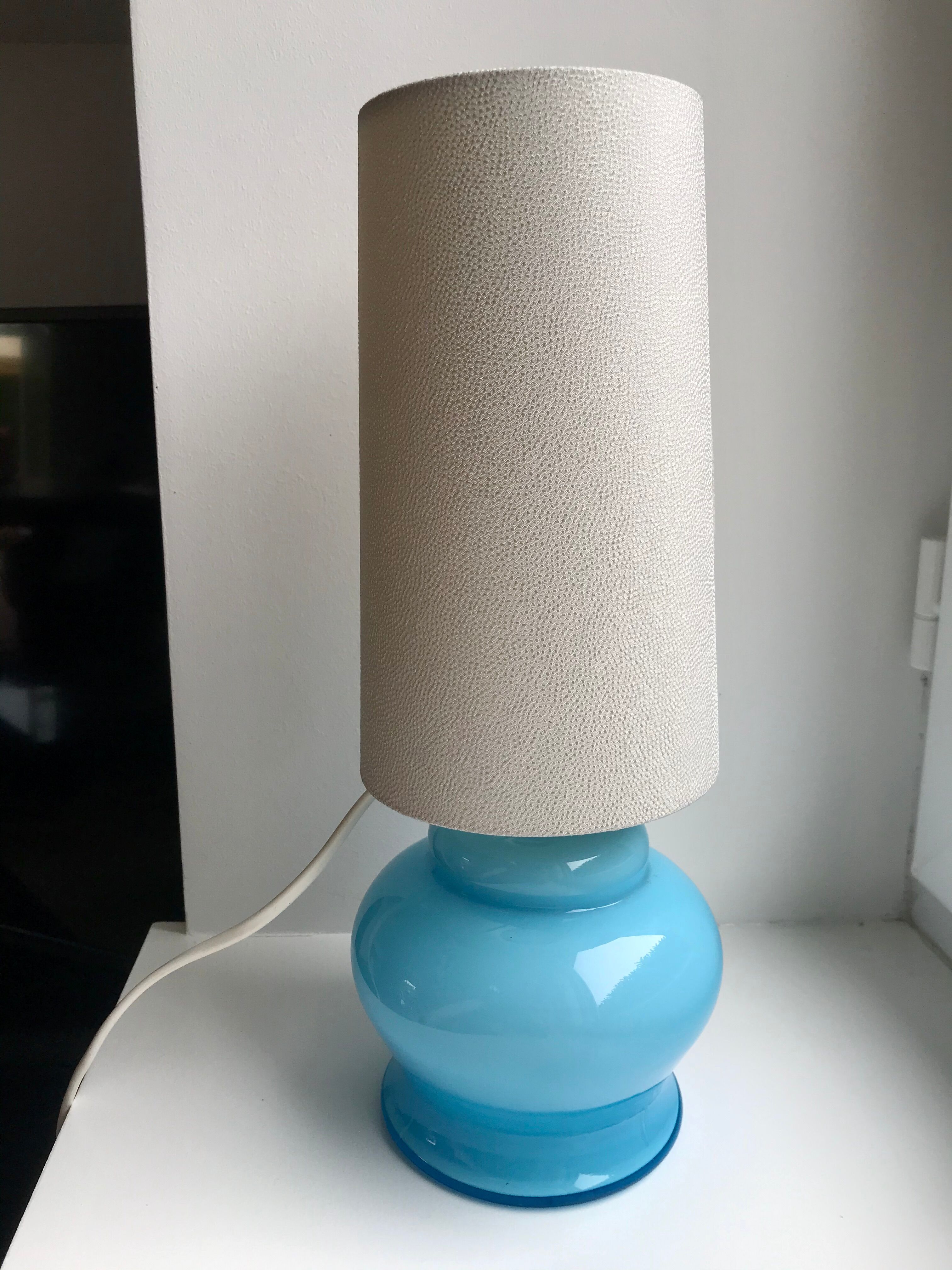 Lamp with blue opaline feet and textured conical lampshade 60s-70s