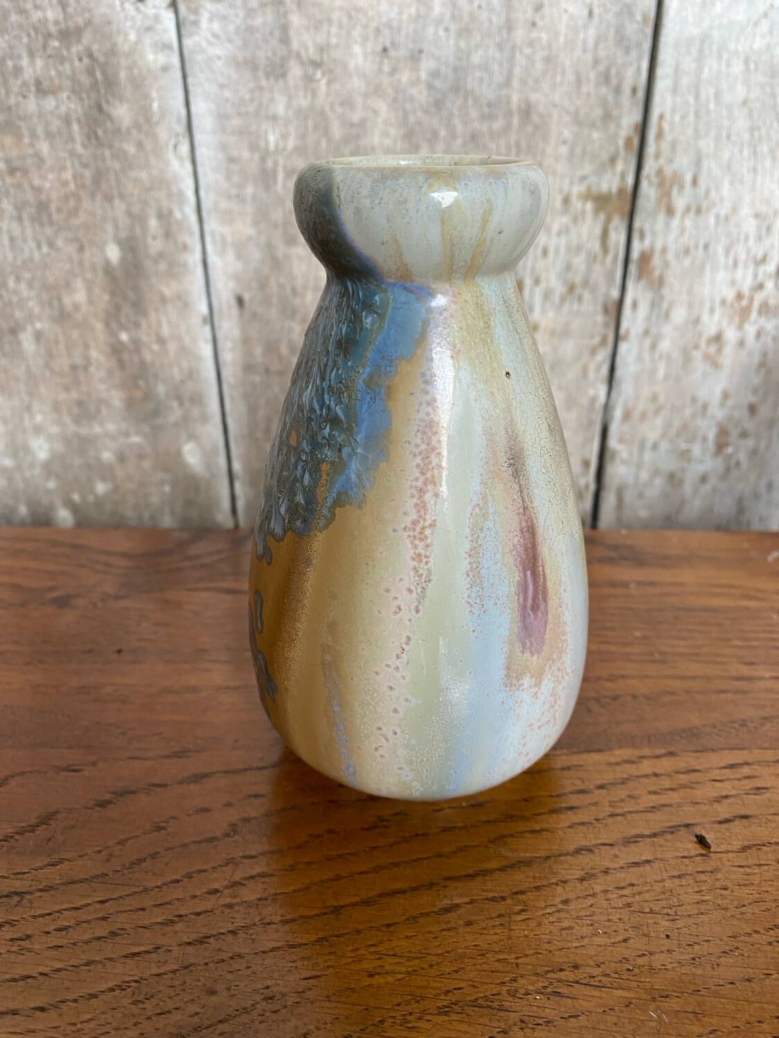 Old mougin style vase ceramic beige crystallized enamel blue france